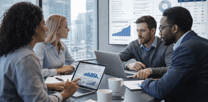Startup founders and investors reviewing financial documents and analytics on laptops during a due diligence meeting in a modern office.